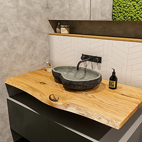 BestLoft Waschtischplatte (Länge: 80 cm/Breite: 55-60 cm) Waschtisch Eiche massiv 40 mm dick mit Baumkante - rustikale Waschtischkonsole