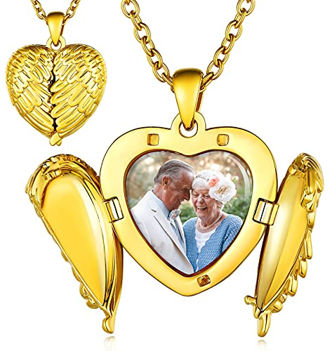 Custom4U Personalisierte Medaillon zum Öffnen für Bilder Damen Fotokette | Engelsflügel Medaillon Foto Kette mit Gravur Silber/Gold/Schwarz Locket Amulett mit 50cm kette Geschenk für Mutter Ehefrau