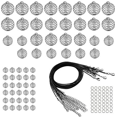 Woohome 60 Pz Spirale Pendente Gabbia Spirale Pendente, 4 Dimensione D'argento Perline a Spirale Ciondolo a Gabbiaper con Corda di Cera Neraper La Collana Braccialetto Orecchino Gioielli Fai Da Te