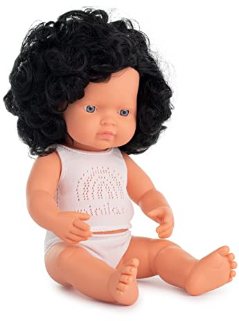 Miniland Dolls: europäische Babypuppe Mädchen mit schwarzen Locken, 38cm, aus weichem Vinyl, präsentiert mit Unterwäsche in Geschenkbox (31262), Natur