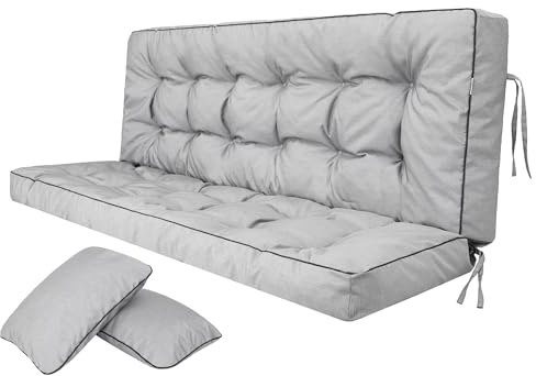 Bjird Bankauflage für Gartenbank, Polsterauflage für Hollywoodschaukel, Gartenschaukelkissen, Sitzkissen und Rückenkissen, gesteppt, inkl. 2 Seitenkissen, 150 x 49 x 56 cm - hellgrau