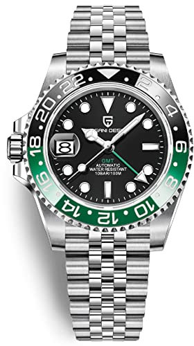 Pagani Design Herrenuhr Automatik Mechanische Uhr GMT Dual-Zeitzone Armbanduhren Edelstahl Zweifarbige Keramiklünette 100M Wasserdicht PD-1662 (5 Grün Schwarz)