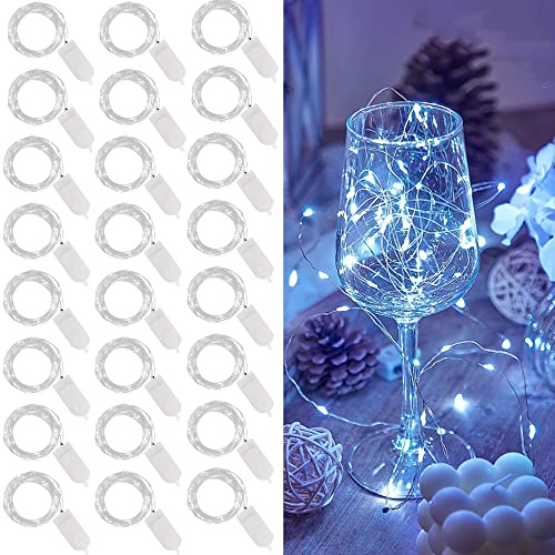 WATERGLIDE 24 Pack Fairy Lights Battery Operated (Included), 7 ft 20 LED Mini String Lights, Waterproof Silver Wire Firefly Starry Lights for DIY Wedding Christmas Party Mason Jars Decor, Cool White