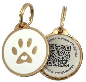 Husdjurs boende premium QR-kod husdjurs-ID-taggar – hundtaggar och kattetiketter, anslut till husdjursprofil, få omedelbar skannad etikettplats e-postvarning (guld vit tass)