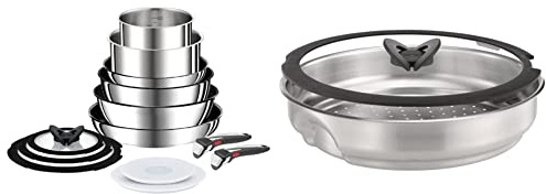 Tefal Ingenio Preference ON Pots & Pans Set, 13 Pieces, Stackable, Removable Handle, Space Saving, Non-Stick, Induction, Stainless Steel, L9749432 & Ingenio Stainless Steel Steamer with Glass Lid