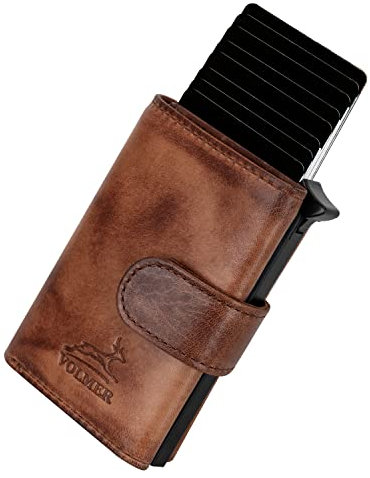 Fa.Volmer ® POP-UP Kartenetui aus Echtleder mit/ohne Münzfach für Herren & Damen | max. 11 Karten | RFID Schutz | Geldbörse VO24/31 (Zip Braun)