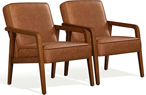 Yaheetech Lot de 2 Fauteuil Salon Confortable en Similicuir Fauteuil Lecture Vintage avec Cadre en Bois Massif Lounge Chair Chaises pour Salon Siège Bien Rembouré pour Chambre Bureau Marron Clair