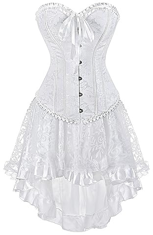 Grebrafan Steampunk Renaissance Boned Corset with Skirt Women XS White