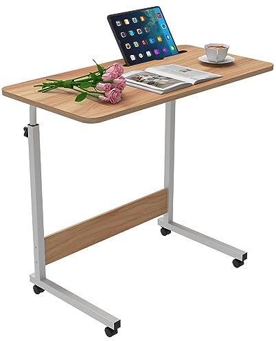 DHHOZAMZ 80x40cm Laptoptisch mit Rollen, Stopp-Leisten Tablet-Schlitz und Cup Slot, Laptoptisch Höhenverstellbarer 69-90 cm, Schreibtisch Computertisch Mobiler Stehtisch 360 Drehbaren Tischplatte,Holz