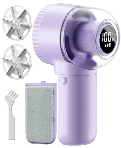 coldSky Fabric Shaver, 𝟮 𝗶𝗻 𝟭 Lint Remover with Brush, 1200mAh Sweater Shaver with Digital Display,3 Speeds Lint Shaver, 6-Leaf Blades Lint Remover for Clothes, Sofa, Bedding,Purple
