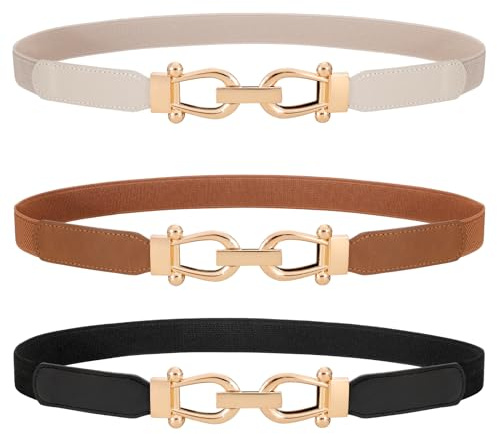 WERFORU 3 Pack Women Ladies Skinny Elastic Waist Belt Gold Buckle Stretchy Thin Belt for Dress Jeans,Black+Brown+Beige