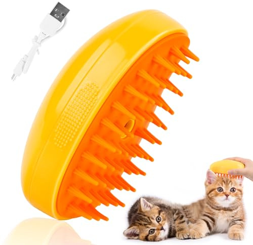 Byffoer Cat Steamy Brush,Steam Cat Brush Katzenbürste mit Dampf,3 in1 Dampfbürste für Katzen Dampfbürste für Katzen Steamy BrushKatze Steamy Cat Hair Brush für Langhaar und Kurzhaar (Gelb)