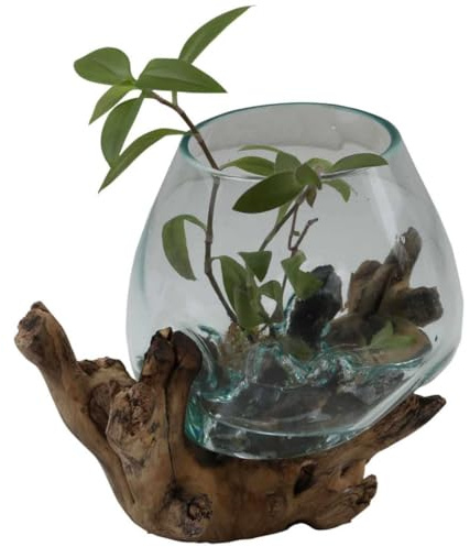 Glasvase auf Wurzelholz Ø 18cm x Höhe 24cm Recycling Glas & Teak Holz handgefertigt extravagante Wohndeko Deko-Vase Glasschale Natur-Vase A18 Geschenk-Idee Weihnachten