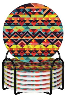 Bunte geometrische Untersetzer für Getränke, Set mit 6 saugfähigen Keramik-Untersetzern mit Korkboden und Metallhalter, für Heimdekoration, Küche, Geschenk