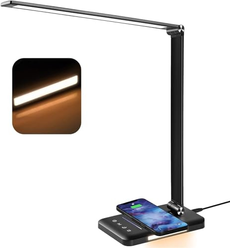 BIENSER Schreibtischlampe LED mit 10W Wireless Charging, USB Ladefunktion, 600LM Bürolampe Tischlampe mit 10 Helligkeits X 5 Farbstufen Dimmbar, Nachtlicht, Memory-Funktion, Auto Timer, 6000K, 24W