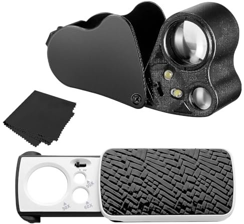 YANGUN 2 Stück Juwelier Lupe, 30X 60X 90X Vergrößerung Metall Faltlupe, Juwelierlupe mit LED UV Licht, Linse 22 x 12mm Glas, für Schmuck Diamant Edelstein Münze (Schwarz)