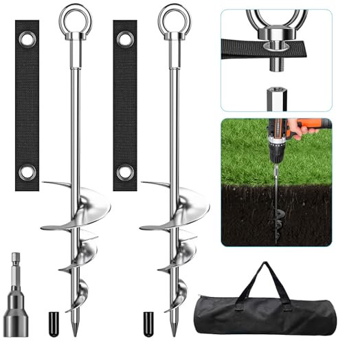 18'' Ground Anchors, Fully Welded Heavy Duty Ground Anchors Screw in Swing Set Anchors Chrome Plating Anti Rust Ground Anchor with Straps for Dogs, Trampoline Stakes Resistant High Wind 2 Pack