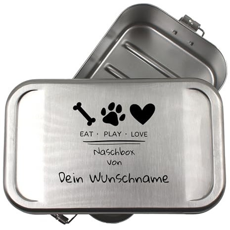 Leckerlidose personalisiert für Hunde mit Namen und Motiv Aufbewahrungsdose für Hundesnacks Geschenkidee für Tierliebhaber Hundekekse und Hundeleckerlis Behälter für unterwegs EAT PLAY LOVE (MITTEL)