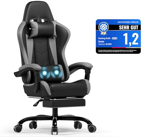 Devoko Ergonomischer Gaming Stuhl mit Massagefunktion und ausziehbarer Fußstütze, verstellbare Rückenlehne 90-135°, Komfortabler Bürostuhl für Home Office, Computersessel 150kg Belastbarkeit, Grau