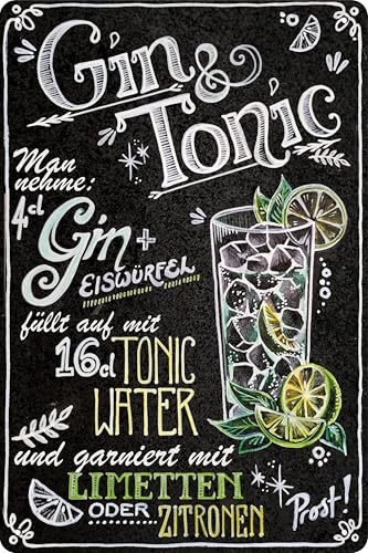 LUCKYLINDE – 30 x 20 cm Blechschild – Bar, Restaurant, Pub, Partykellder Deko Schild, Cocktail Übersicht Tafel - Gin Tonic (Tafel)