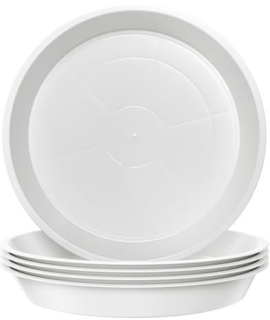 Kunjocy Lot de 5 soucoupes rondes en plastique pour jardin, intérieur et extérieur jusqu'à 18 cm (blanc, extérieur 21 cm)