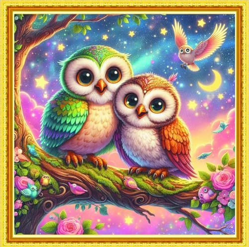 Meecaa Kreuzstich-Set, 11-fädig, geprägt, Eule, Tier, Vogel, Stickset mit Zubehör, vorgedruckt (40 x 40 cm) (Eule)