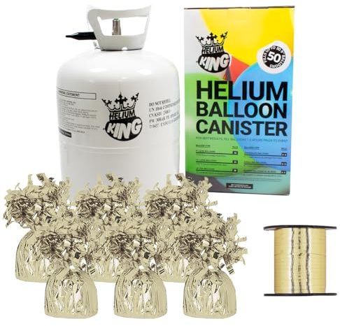 Large Helium Canister with Curling Ribbon and 6 Gold Foil Balloon Weights