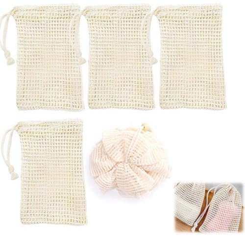SULIUDAJI 4 Pezzi Sacchetti Di Sapone In Sisal Naturale, Spugna Sapone Solido, Rete Per Sapone, Viene Fornito Con Palla Da Bagno, Ideali Per Doccia E Bagno, Rete Per Saponetta Senza Plastica