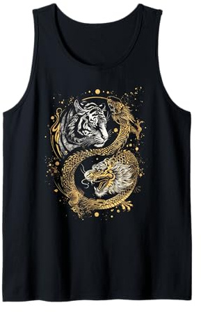 Tiger Gold Dragon Yin Yin yang Oriental Asian art Tank Top
