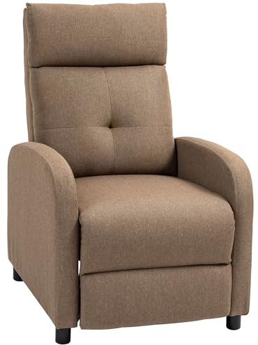 HOMCOM Sillón Relax Reclinable Manual, Sillón Relax de Lino con Apertura Push, Reposapiés, Respaldo Alto, Acolchado Grueso, Butaca Reclinable hasta 155º para Salón, Dormitorio, Oficina, Marrón