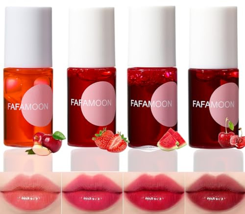 Pakivs 4 Colors Lip Tint Stain Set,Mini Water Lipstick,Korean Lip Gloss Moisturizing Natural,Long Lasting Waterproof,Multi-Use Lip and Cheek Tint(Apple& Strawberry& Watermelon& Cherry)