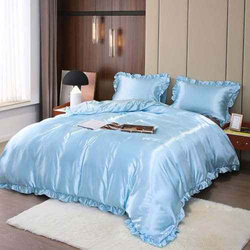 Nayoroom Satin Bettwäsche 140x200 Blau Seidentuch Bettwäsche mit Rüschen Set 2 Teilig Hellblau Mako Luxus Bettbezug Aesthetic Seidenbettwäsche und Seidenkissenbezug 70x90 cm Reißverschluss