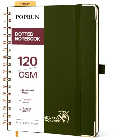 POPRUN Notizbuch A5 Dotted 120g/m² Notizblock Spiralblock Olive