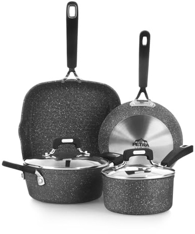 KASANOVA Batteria pentole 6 pezzi New Petra Dark, Set pentole e padelle induzione e forno fino a 180°C, Set pentole antiaderente con bistecchiera effetto pietra