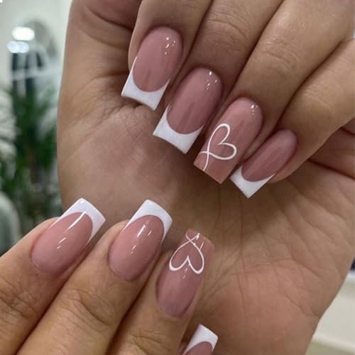 GlamRays Faux Ongles à Pointe Française Press On Ongles en Acrylique Taille Moyenne Blanc Motif Carré Forme en Cœur Lot de 24 (3 Ensembles de 8) - Matériau ABS, 24 Pièces, 24 ml
