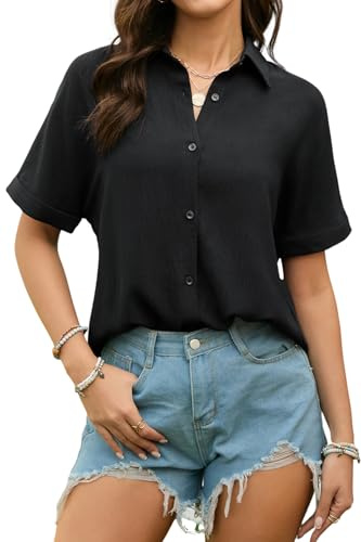 Stamain Damskjorta med korta ärmar sommarblusar V-ringad blus lösa knappar casual skjortor elegant enfärgad blus, Svart, XL