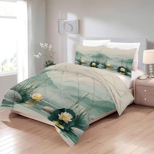 Bettdecke 200x220 Ohne Bezug Nutzbar, Blumen Lotusblumen Bettdecken Waschbar Ganzjahresdecke Aquarell 4 Jahreszeiten Steppdecke, Bettzeug Microfaser mit 2 Kissenbezug für Sommer Winter Doppelbett