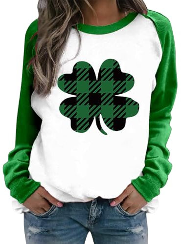 Generisch Sweatshirt Women Irish Shirt Green Sequin Graphic Print Long Sleeve Shirts Sweater Top Turnanzug Mädchen Langarm Samt (L)