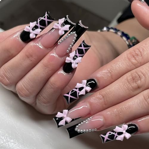 GlamRays Press on Nägel Coffin Lang Schwarz Glossy Full Cover Acryl Quadratische French Falsche Nägel mit Rosa Schleife Design Künstliche Ballett Falsche Nägel