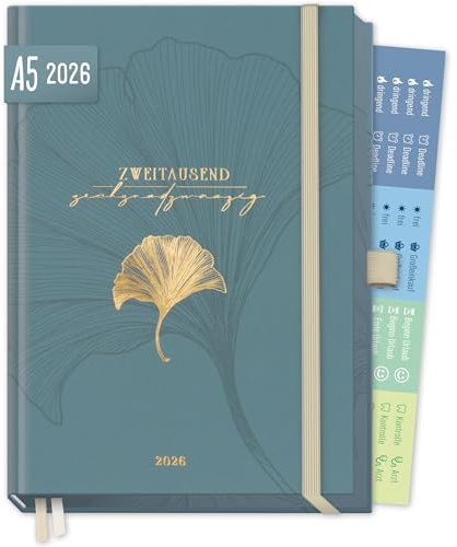 Häfft® Organizer Day by Day Deluxe 2026 A5 Tagesplaner Blue Ginkgo | Buchkalender 2026, Terminplaner, 1 Tag pro Seite