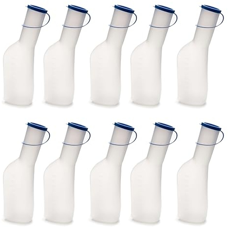 HaseMed urinflaska för män – 1 000 ml, med lock, 10 stycken | autoklaverbar upp till 130 °C, tillverkad av polypropen, läckagesäker och hygienisk – perfekt för vård, sjukhus och resor