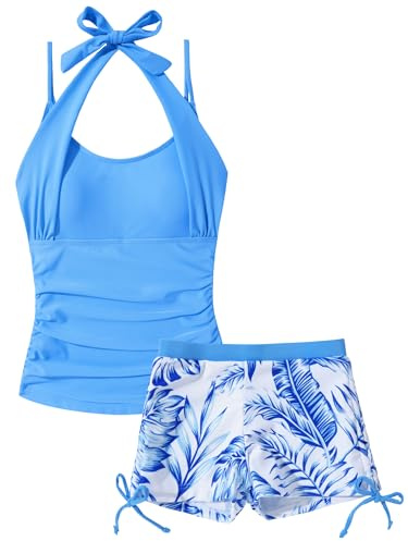 Happy Cherry Flicka Halterneck Tankinis baddräkt med shorts tonåring sommar 2 delar baddräkt tropiskt tryck badkläder, BLÅ, 11-12 År