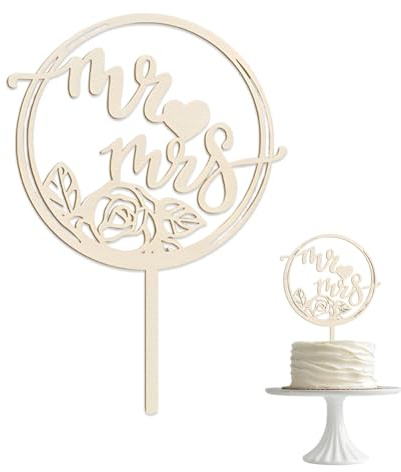WUSJCOF 1 Piezas Decoración para Tartas de Boda, Incluye Topper 'Mr y Mrs', Adorno de Madera Corazón para Cupcakes, Pastel Despedida de Soltera, Boda de Oro