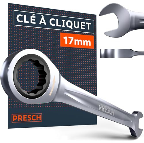 PRESCH Clé à cliquet 17mm - Angle de reprise minimal (4°, 90 dents) – Déport de 15° pour les zones étroites – Clé plate à cliquet robuste usinée avec précision