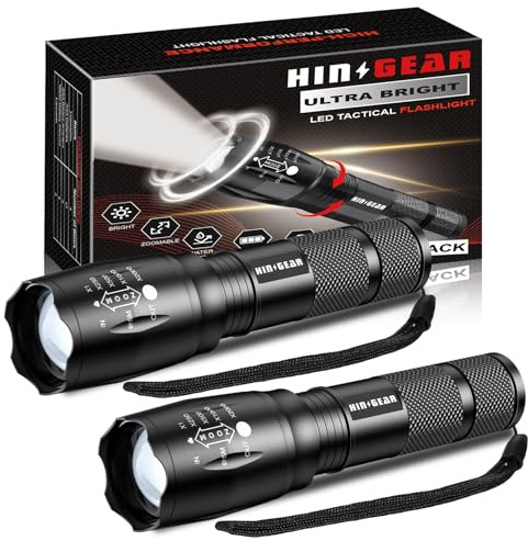 HinsGEAR SL2000 Lot de 2 lampes de poche tactiques LED super lumineuses avec zoom et haute luminosité, résistantes à l'eau, pour urgence, camping, maison et cadeau