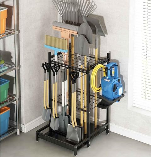 Heavy Duty Garden Tool Storage Rack - Metal Organizer Stand with Hooks and Wheels for Garage, Shed, and Yard - Space-Saving Tool Holder