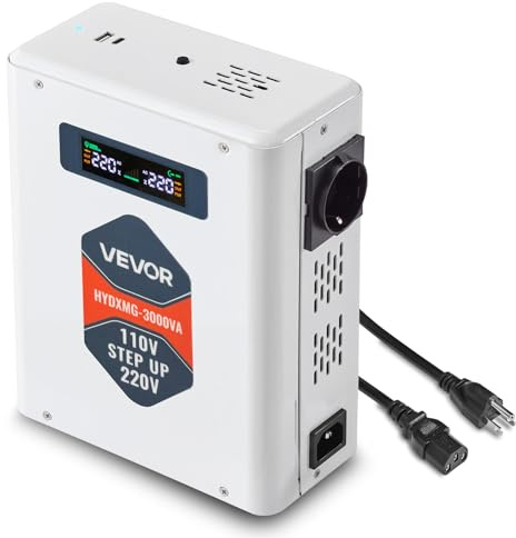 VEVOR Convertidor Elevador de Voltaje 3000 VA, Transformador de Potencia 110 V a 220 V de Alta Resistencia con 2 Tomas de Corriente de la UE, Salida USB, Pantalla LCD, Protección de Temperatura