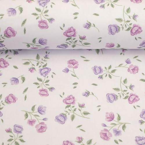Baumwollstoff mit floralen Mustern – 100% Baumwolle – 147 cm breit – 130 g/m² – Öko-Tex Standard 100 – Blumen Designs – Meterware ab 50 cm (Blumen, flieder/weiß)