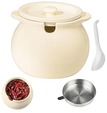 Barattolo Per La Conservazione Del Grasso Da Cucina – Separatore Di Grasso Grande, Raccoglitore Di Olio In Ceramica | Filtro A Maglia Fine, Spatola Resistente Al Calore Con Ampio Volume Di 50 Once Dur