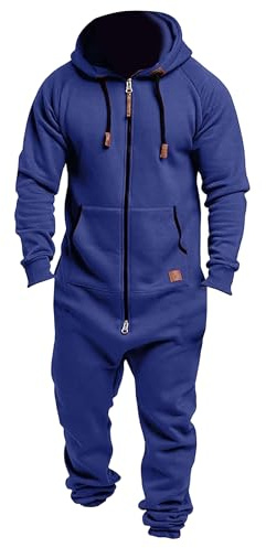 Stor och lång onesie för män Herr fleecehuvad jumpsuit i ett stycke Varm onesie med dragkedja Pyjamas Loungewear Outfit Blå Medium